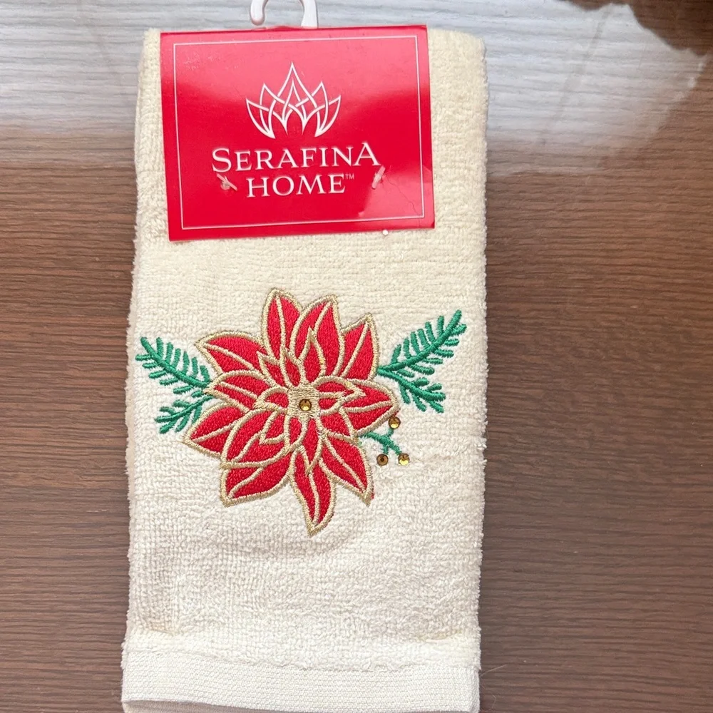 Serifina Home Holiday Towels with Red Poinsettia Embroidery